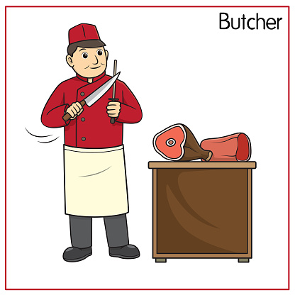 Vector illustration of butcher isolated on white background. Jobs and occupations concept. Cartoon characters. Education and school kids coloring page, printable, activity, worksheet, flashcard.