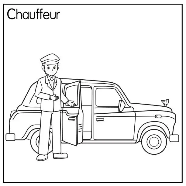 Vector illustration of Vector illustration of chauffeur, driver isolated on white background. Jobs and occupations concept. Cartoon characters. Education and school kids coloring page, printable, activity, worksheet, flashcard.