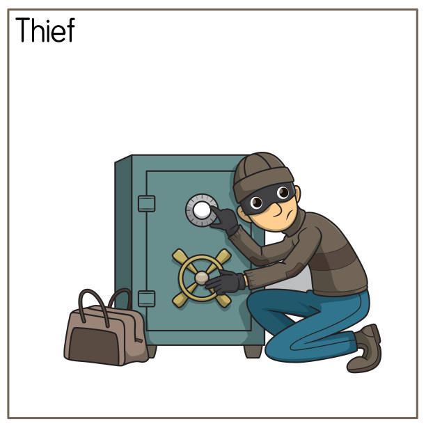 Vector illustration of thief isolated on white background. Jobs and occupations concept. Cartoon characters. Education and school kids coloring page, printable, activity, worksheet, flashcard. Vector illustration of thief isolated on white background. Jobs and occupations concept. Cartoon characters. Education and school kids coloring page, printable, activity, worksheet, flashcard. cartoon burglar stock illustrations