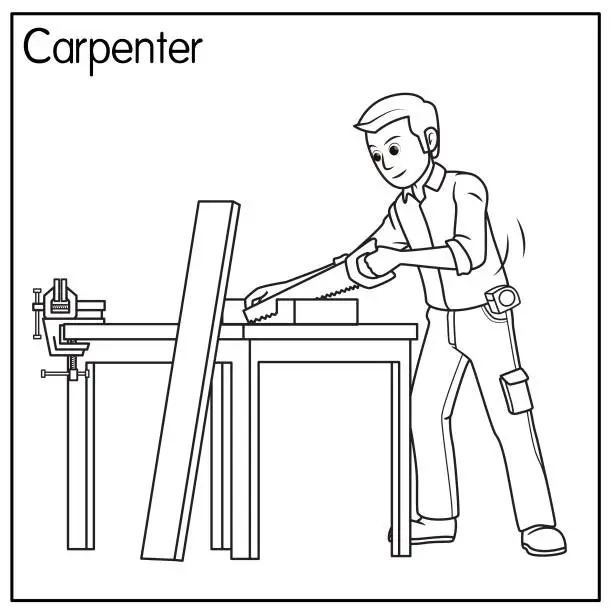 Vector illustration of Vector illustration of carpenter isolated on white background. Jobs and occupations concept. Cartoon characters. Education and school kids coloring page, printable, activity, worksheet, flashcard.