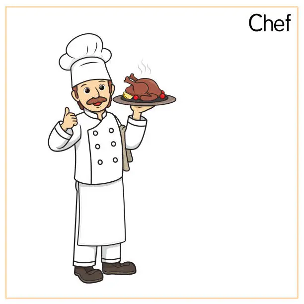 Vector illustration of Vector illustration of chef, cook isolated on white background. Jobs and occupations concept. Cartoon characters. Education and school kids coloring page, printable, activity, worksheet, flashcard.