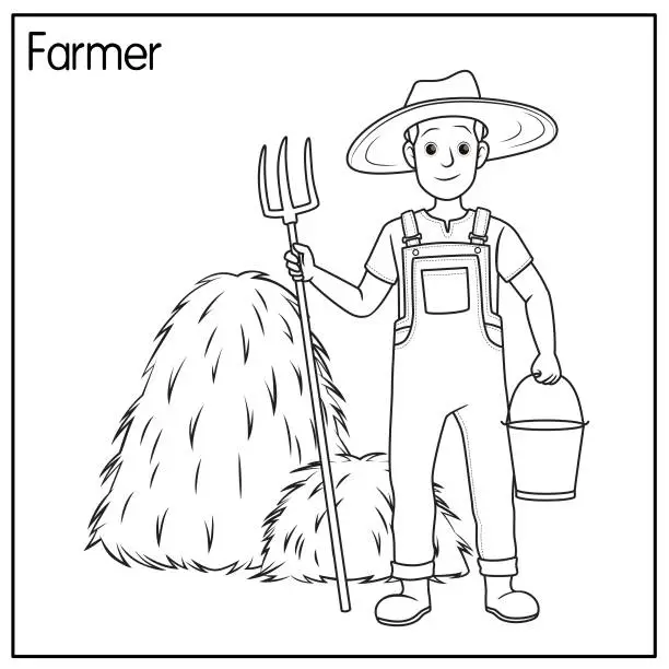 Vector illustration of Vector illustration of farmer isolated on white background. Jobs and occupations concept. Cartoon characters. Education and school kids coloring page, printable, activity, worksheet, flashcard.