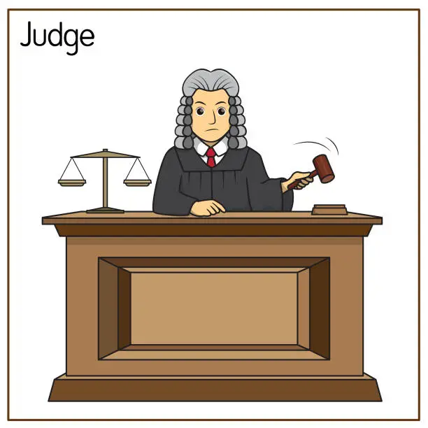 Vector illustration of Vector illustration of judge isolated on white background. Jobs and occupations concept. Cartoon characters. Education and school kids coloring page, printable, activity, worksheet, flashcard.