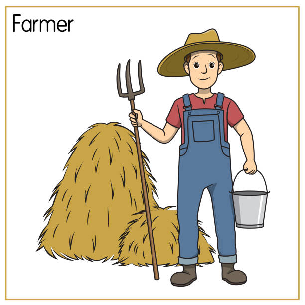 흰색 배경에 고립 된 농부의 벡터 그림입니다. 직업과 직업 개념. 만화 캐릭터. 교육 및 학교 아이 색칠 페이지, 인쇄 가능, 활동, 워크 시트, 플래시 카드. - farmer isolated men pitchfork stock illustrations