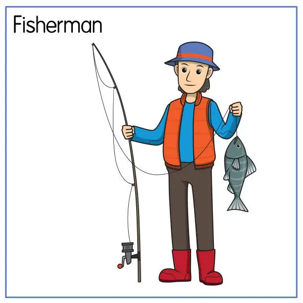 Vector illustration of Vector illustration of fisherman isolated on white background. Jobs and occupations concept. Cartoon characters. Education and school kids coloring page, printable, activity, worksheet, flashcard.