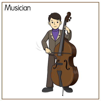 Vector illustration of musician isolated on white background. Jobs and occupations concept. Cartoon characters. Education and school kids coloring page, printable, activity, worksheet, flashcard.
