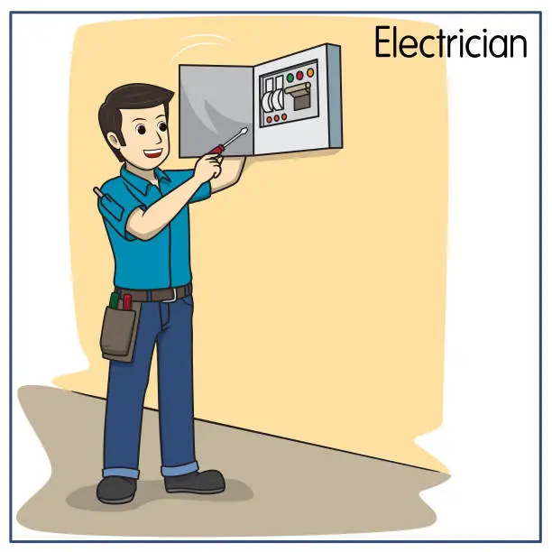 Vector illustration of Vector illustration of electrician, mechanic isolated on white background. Jobs and occupations concept. Cartoon characters. Education and school kids coloring page, printable, activity, worksheet, flashcard.