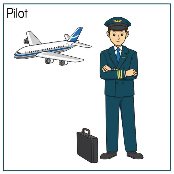 Vector illustration of Vector illustration of pilot isolated on white background. Jobs and occupations concept. Cartoon characters. Education and school kids coloring page, printable, activity, worksheet, flashcard.
