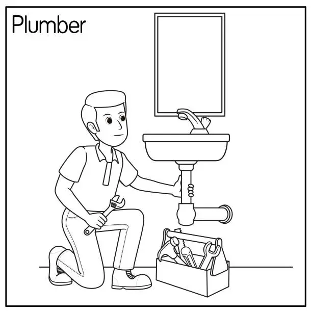 Vector illustration of Vector illustration of plumber isolated on white background. Jobs and occupations concept. Cartoon characters. Education and school kids coloring page, printable, activity, worksheet, flashcard.