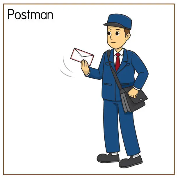 Vector illustration of Vector illustration of postman isolated on white background. Jobs and occupations concept. Cartoon characters. Education and school kids coloring page, printable, activity, worksheet, flashcard.