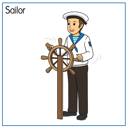 Vector illustration of sailor isolated on white background. Jobs and occupations concept. Cartoon characters. Education and school kids coloring page, printable, activity, worksheet, flashcard.