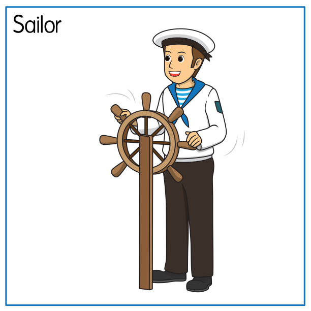 Vector illustration of sailor isolated on white background. Jobs and occupations concept. Cartoon characters. Education and school kids coloring page, printable, activity, worksheet, flashcard. Vector illustration of sailor isolated on white background. Jobs and occupations concept. Cartoon characters. Education and school kids coloring page, printable, activity, worksheet, flashcard. marines navy sea captain stock illustrations