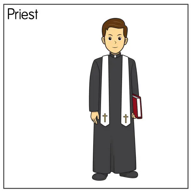 Vector illustration of Vector illustration of priest isolated on white background. Jobs and occupations concept. Cartoon characters. Education and school kids coloring page, printable, activity, worksheet, flashcard.