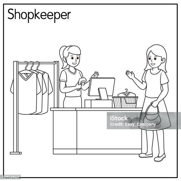 Vector Illustration Of Shopkeeper Isolated On White Background Jobs And  Occupations Concept Cartoon Characters Education And School Kids Coloring  Page Printable Activity Worksheet Flashcard Stock Illustration - Download  Image Now - iStock