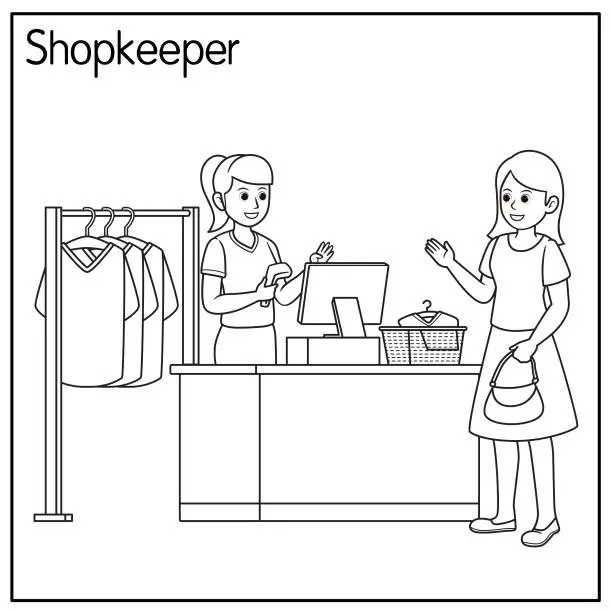 Vector illustration of Vector illustration of shopkeeper isolated on white background. Jobs and occupations concept. Cartoon characters. Education and school kids coloring page, printable, activity, worksheet, flashcard.