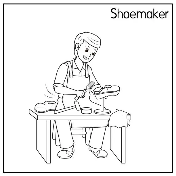 Vector illustration of Vector illustration of a shoemaker, cobbler isolated on white background. Jobs and occupations concept. Cartoon characters. Education and school kids coloring page, printable, activity, worksheet, flashcard.