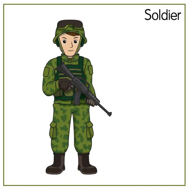 Vector illustration of Vector illustration of soldier isolated on white background. Jobs and occupations concept. Cartoon characters. Education and school kids coloring page, printable, activity, worksheet, flashcard.