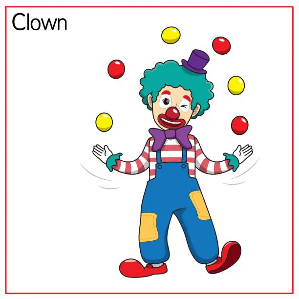 Vector illustration of Vector illustration of clown isolated on white background. Jobs and occupations concept. Cartoon characters. Education and school kids coloring page, printable, activity, worksheet, flashcard.