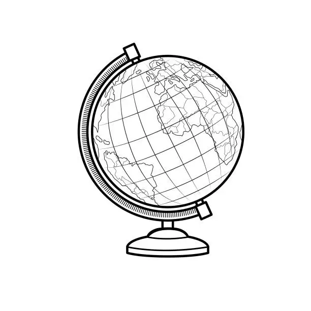 Vector illustration of Vector illustration of globe isolated on white background. Black and White for coloring. School things and accessories concept. Education and school material, kids coloring page, printable, activity, worksheet, flash card.