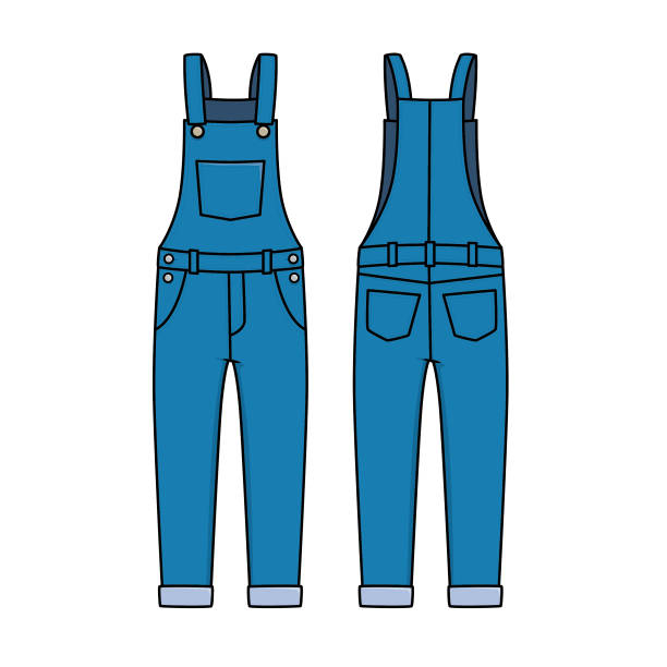 illustrazioni stock, clip art, cartoni animati e icone di tendenza di illustrazione vettoriale della tuta isolata su sfondo bianco. concetto di costumi e accessori di abbigliamento. personaggi dei cartoni animati. pagina da colorare per bambini dell'istruzione e della scuola, stampabile, attività, foglio di lavoro, flashcar - overalls