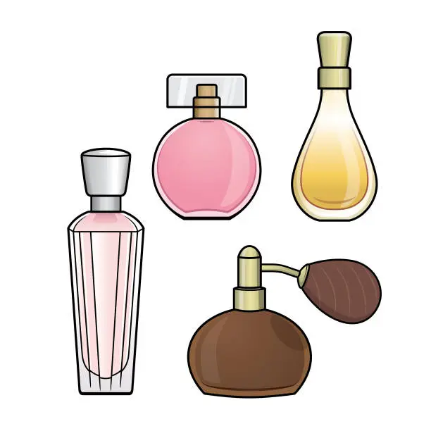 Vector illustration of Vector illustration of perfume isolated on white background. Clothing costumes and accessories concept. Cartoon characters. Education and school kids coloring page, printable, activity, worksheet, flashcard.