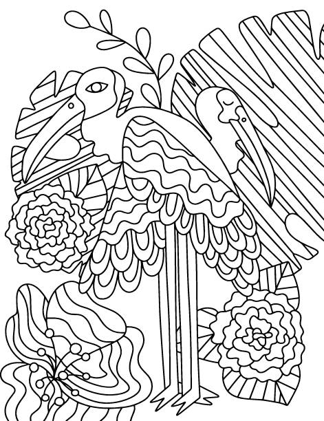 Egret birds with flowers and leaves hand-drawn coloring page stock vector illustration Egret birds with flowers and leaves hand-drawn coloring page stock vector illustration. Two wild long legs birds in nature ornamental black and white line art bubulcus ibis stock illustrations