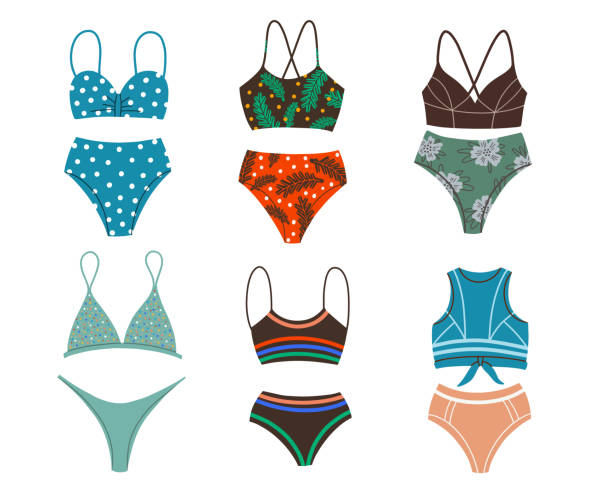 A set of different fashionable swimsuits. Beachwear. Two-piece bathing suits, swimsuits in retro style, sports. Vector Flat Illustration A set of different fashionable swimsuits. Beachwear. Two-piece bathing suits, swimsuits in retro style, sports. Vector Flat Illustration bathing suit stock illustrations