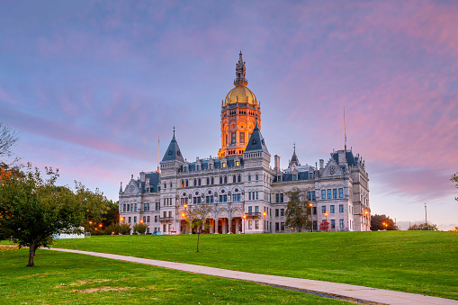 Connecticut State Capitol in downtown Hartford, Connecticut in USA at sunset