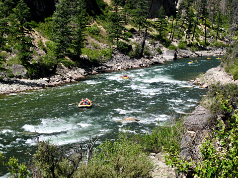 Stanley, Idaho- July 21, 2011:   A line of rafters float through the rapids on the Middle Fork of the Salmon River, in Idaho.
