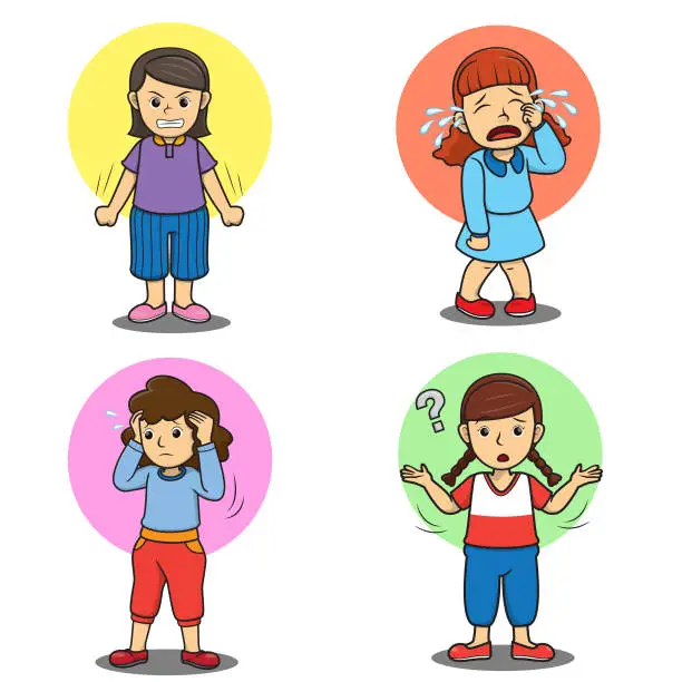 Vector illustration of Set of a cute girl showing different emotions stock illustration, Vector illustration for preschool and home training for parents and teachers.