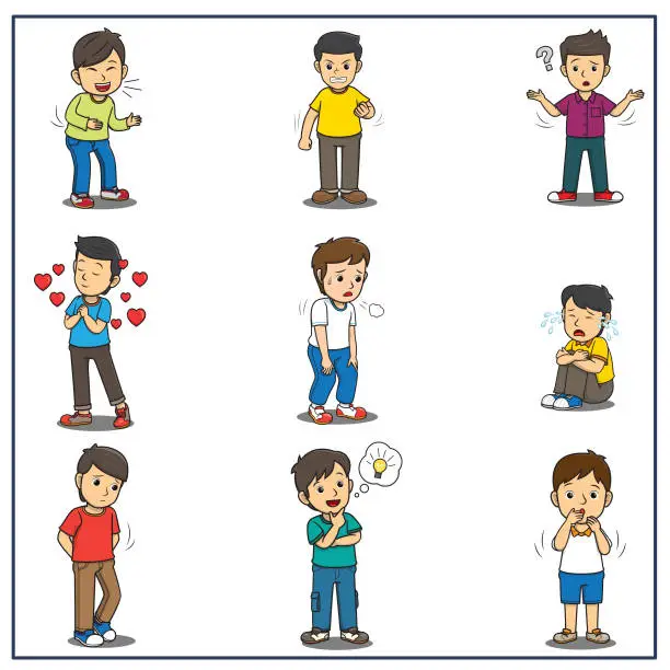 Vector illustration of Set of a cute boy showing different emotions stock illustration, Vector illustration for preschool and home training for parents and teachers.