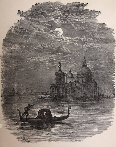 ilustrações, clipart, desenhos animados e ícones de ilustração antiga - poesia de thomas moore - barco na água à luz da lua - antique engraved image moonlight night