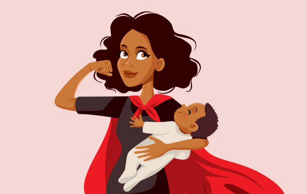 illustrazioni stock, clip art, cartoni animati e icone di tendenza di supermom africana che tiene in braccio il suo bambino - mothers day or children and female and mother not icons not fathers day not tulips not backgrounds