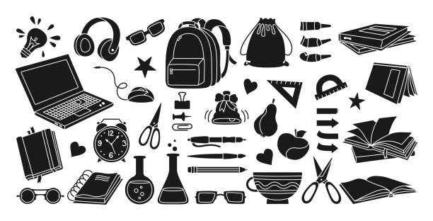 Back to School black glyph cartoon set flat vector Back to School black glyph cartoon set. Learning school flat icon silhouette collection. First day school equipment, Education concept icon kit. Scissors, laptop, glasses book backpack, paints vector clipart of school supplies stock illustrations