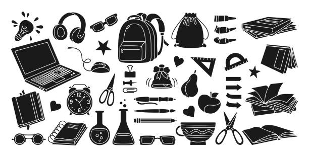 clipart do my homework Back to School black glyph cartoon set flat vector Back to School black glyph cartoon set. Learning school flat icon silhouette collection. First day school equipment, Education concept icon kit. Scissors, laptop, glasses book backpack, paints vector kid doing homework clip art stock illustrations
