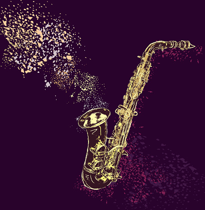 Artistically rendered vector drawing of an early 1900s saxophone with colorful background. Saxophone is colored in dark purple and accented with various shades of sketchy yellow and gold linework. Contrasting purple background with colorful splashs of orange, pink and purple visually represent sound waves of music. Download includes png file.