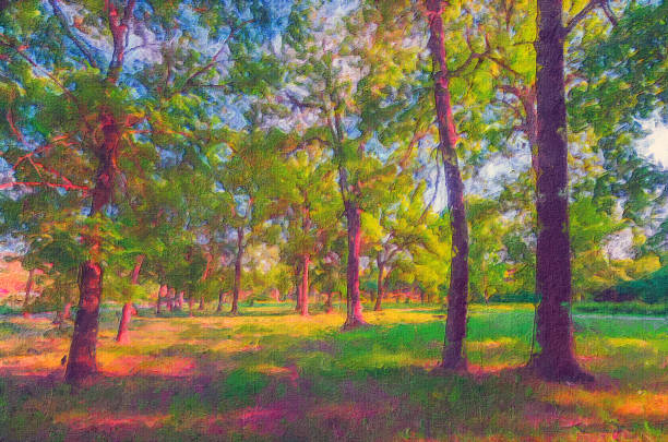 istock Oil landscape painting showing forest in spring 1319352011