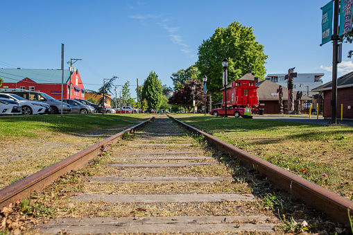 Duncan, Canada - June 21, 2021. The Duncan train station was active until 2011, but now is used as a museum. Duncan, BC, is located on southern Vancouver Island and is part of the Cowichan Valley, the traditional territory of the Cowichan Tribes.