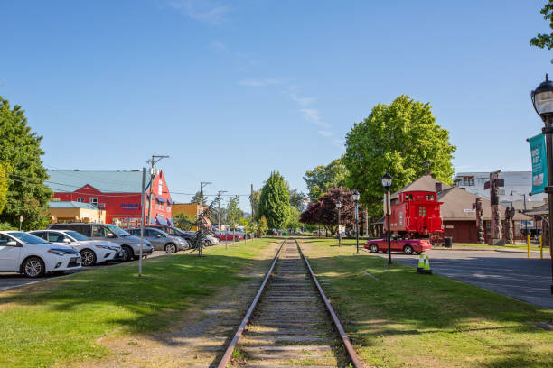 City of Duncan Duncan, Canada - June 21, 2021. The Duncan train station was active until 2011, but now is used as a museum. Duncan, BC, is located on southern Vancouver Island and is part of the Cowichan Valley, the traditional territory of the Cowichan Tribes. duncan british columbia stock pictures, royalty-free photos & images