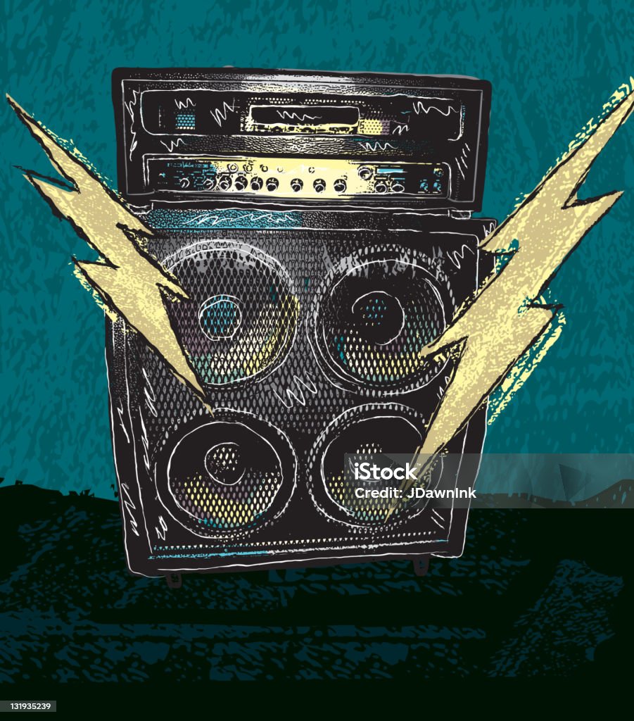 Retro drawing of guitar amplifier with lighting bolts Retro vector drawing of a large guitar amplifier with two lightning bolts on a textured grunge background. Lightning bolts symbolize loud rock music. Perfect for rock concert poster with copy space available at bottom. Download includes png file. Rock Music stock vector