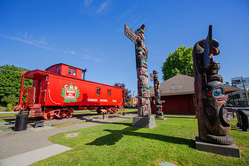 Duncan, Canada - June 21, 2021. The Duncan train station was active until 2011, but now is used as a museum. Duncan, BC, is located on southern Vancouver Island and is part of the Cowichan Valley, the traditional territory of the Cowichan Tribes.
