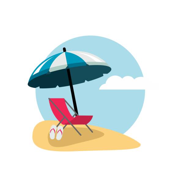 зал председатель и зонтик на пляже песок и голубое небо - outdoor chair illustrations stock illustrations