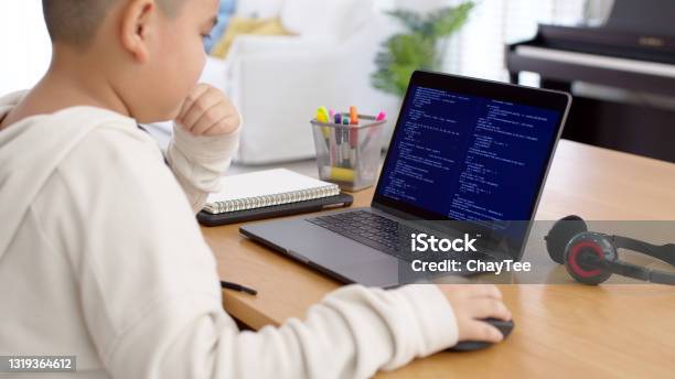 Back Rear View Of Young Asian Kids Boy Using Computer Laptop Coding Python Language Programming For Big Data Computer Science Lesson Or Tech Club In Online School Remotely Learn Online School Stock Photo - Download Image Now