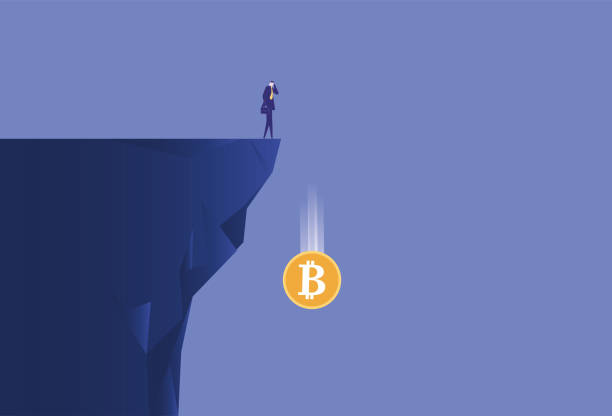 Business man watching bitcoins falling from the cliff Business man watching bitcoins falling from the cliff cliffs stock illustrations