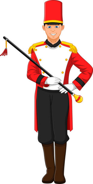 ilustraciones, imágenes clip art, dibujos animados e iconos de stock de niño lindo con traje de líder de la banda marchando - parade marching band trumpet musical instrument