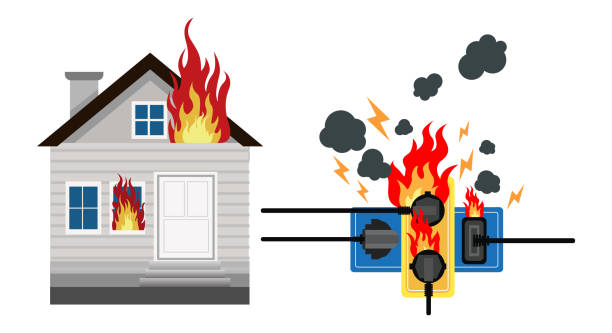 電源プラグは、フル、短絡、家の火災、安全第一です - electricity fire circuit board short点のイラスト素材／クリップアート素材／マンガ素材／アイコン素材