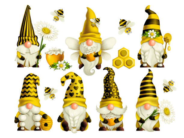 illustrazioni stock, clip art, cartoni animati e icone di tendenza di insieme di gnomi ape - nana