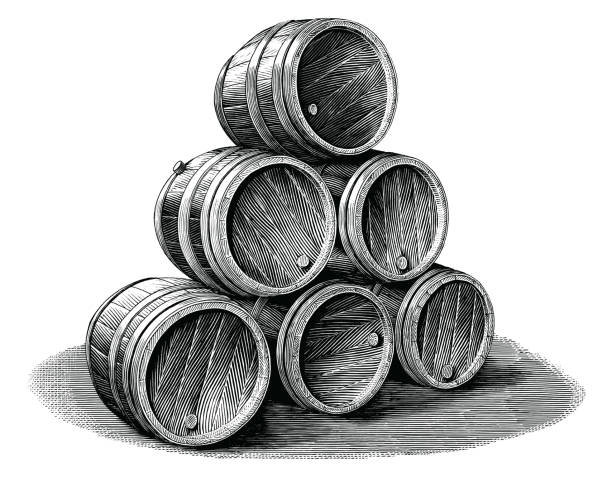 illustrations, cliparts, dessins animés et icônes de pile de canon de bière dessiné à la main modèle de gravure vintage noir et blanc clip art isolé sur fond blanc - whisky