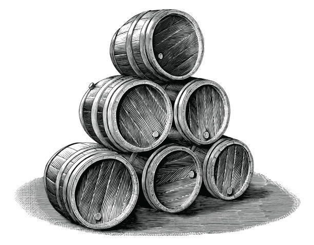 Stack of Beer barrel hand drawn vintage engraving style black and white clip art isolated on white background Stack of Beer barrel hand drawn vintage engraving style black and white clip art isolated on white background whiskey stock illustrations