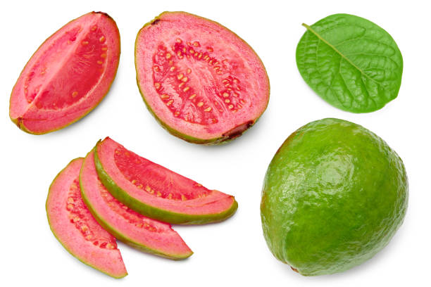 guava with slice isolated on white background. clipping path. top view